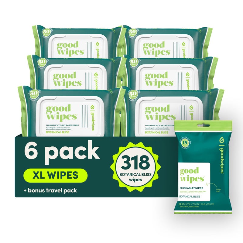 goodwipes Flushable Butt Wipes Vitamin E Aloe Sewer Septic Safe Extra Large Adult Wet Wipes For Women Men Bathroom Essentials Botanical Bliss 318 Count 6 Packs 1 Travel
